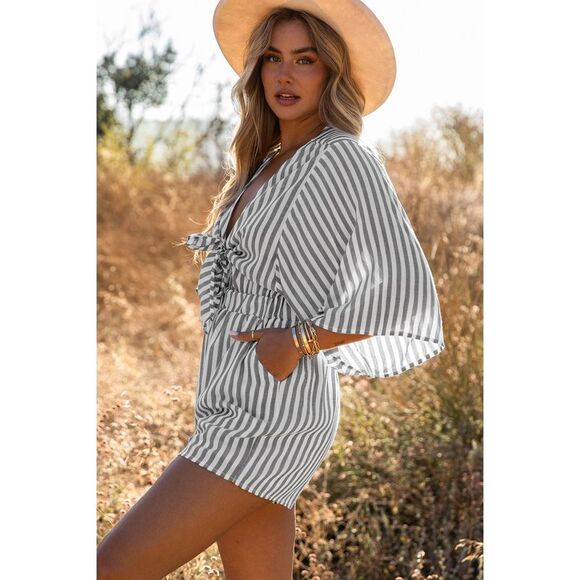 Azura Exchange  Wide Kimono Sleeves Tie Front Striped Romper with Pockets - Picture 6 of 8